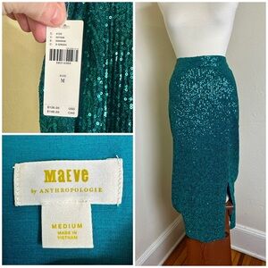 NWT Anthropologie Maeve Alicia Sequined Midi Skirt Green Side Zip Slit Sz M $128
